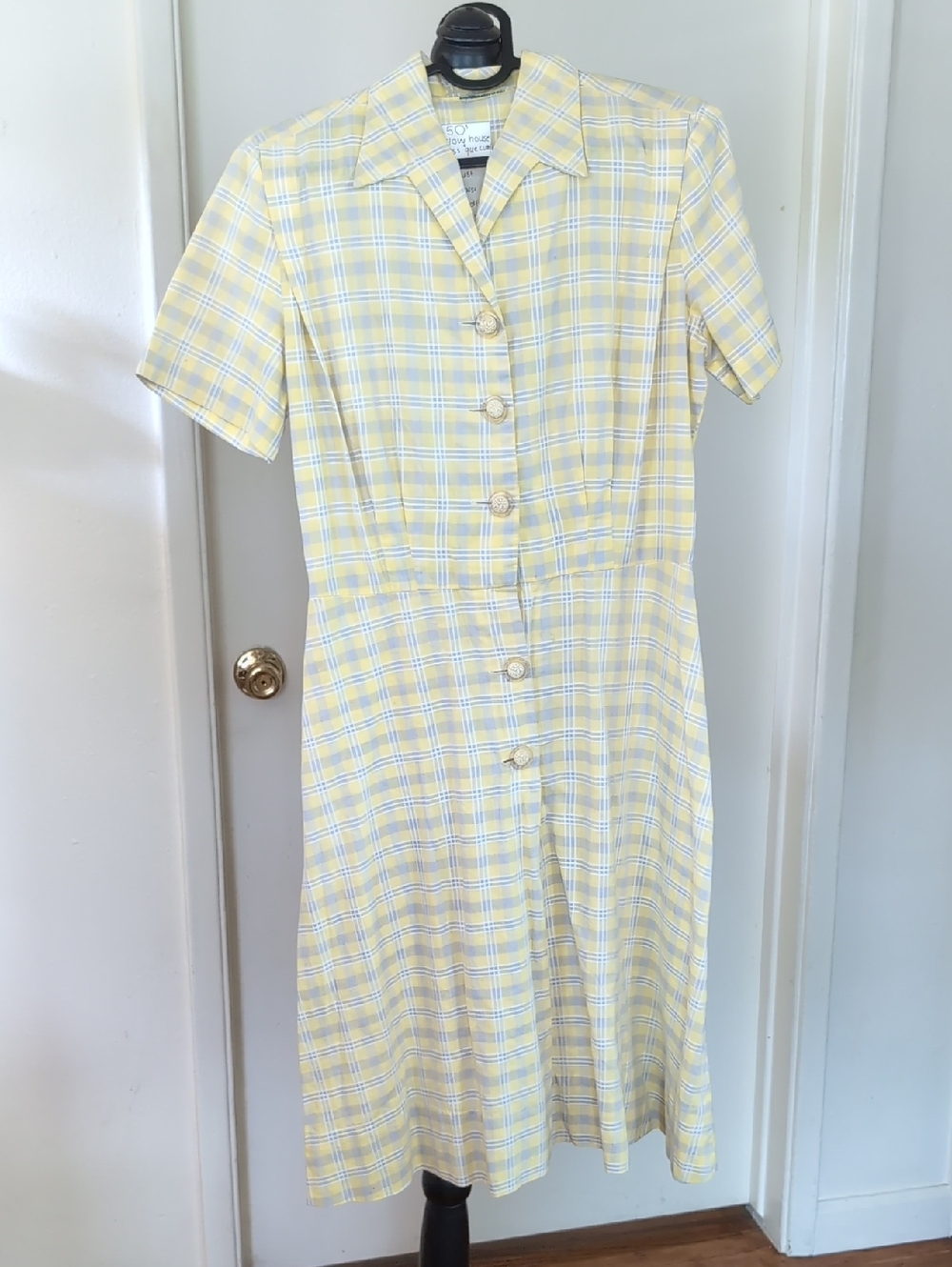 Classic Yellow Plaid Button-Front Women's House Dress